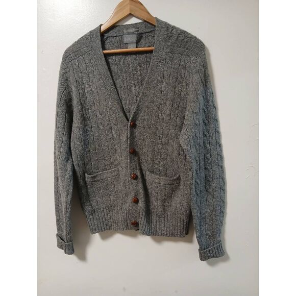 Vintage 90's lord Taylor womens small SHETLAND wool cable sweater cardigan gray - Picture 2 of 6